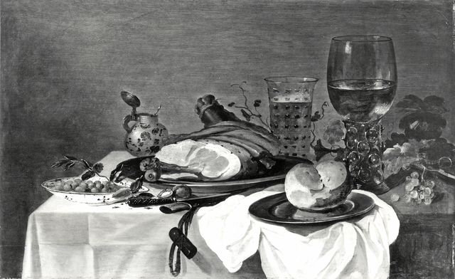 Sotheby's — Franchoys Elout - sec. XVII - Natura morta con piatti, prosciutto, pane, bicchieri e frutta — insieme